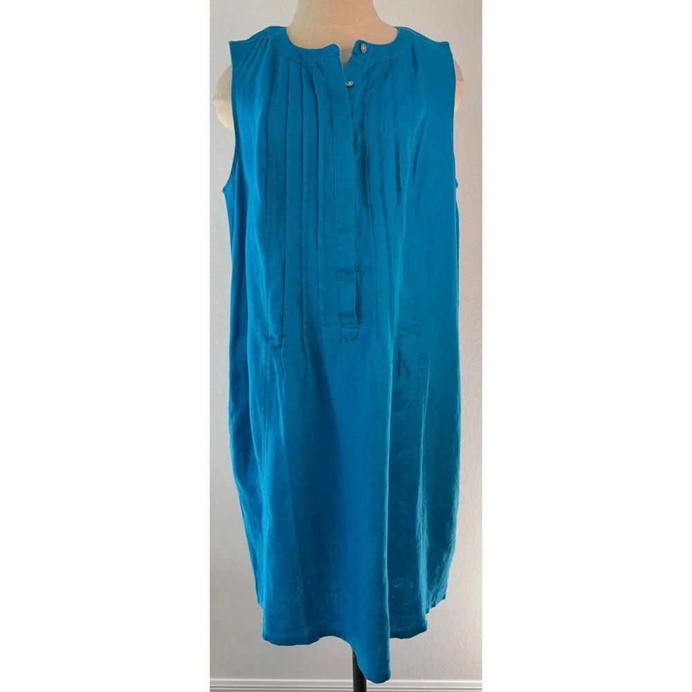 J. Jill Love Linen Teal Blue Pleated Shift Dress 100% Linen Pockets Sleeveless L - Picture 3 of 8